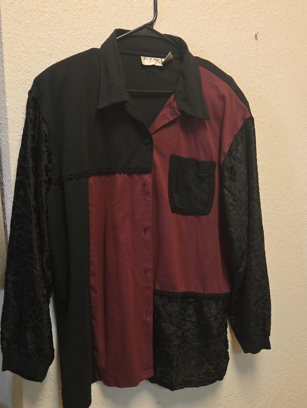 Vintage 90s Whimsigoth Patchwork Colorblock Button Down Shirt Velvet Accent.